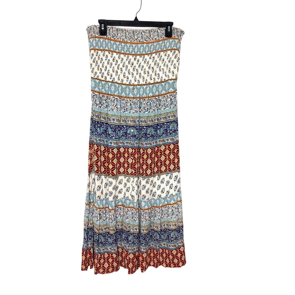 MSK Floral Smocked Strapless Midi Dress Maxi Skirt Convertible Sz L Boho Hippie